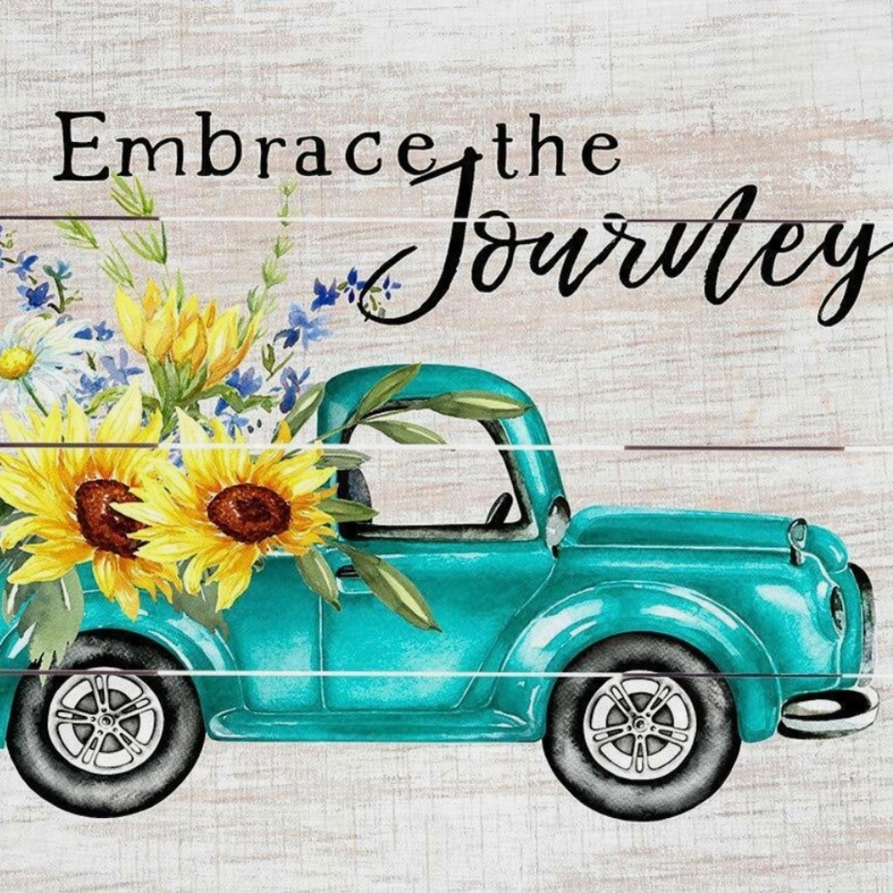 Rustic Pallet Art Sign with Embrace the Journey and Vintage Truck and Flowers
